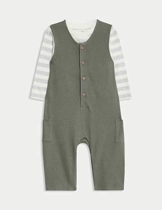 2pc Pure Cotton Waffle Dungaree Outfit (0-3 Yrs)