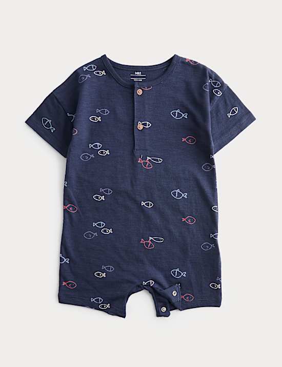 Barboteuse bleu marine en jersey 100 % coton &agrave; motif poisson (jusqu&rsquo;au 3 ans)