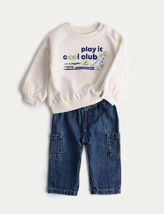 2pc Cotton Rich Dinosaur Sweatshirt Jeans Outfit (0 Mths-3 Yrs)
