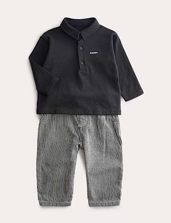 Pure Cotton Long Sleeve Polo Shirt & Trousers Outfit (0-3 Yrs)