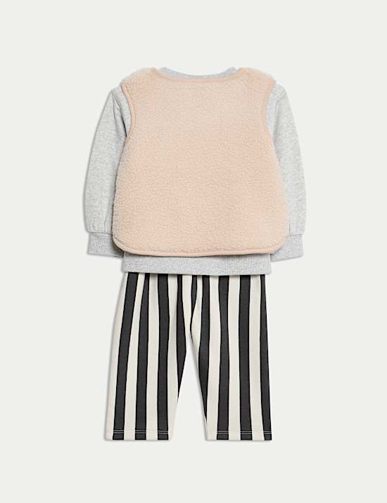 3-tlg. Outfit mit gestreifter Jogginghose und Gilet aus Borg (0 M. – 3 J.)