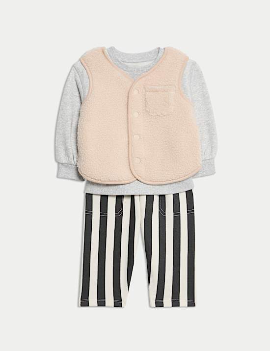 3-tlg. Outfit mit gestreifter Jogginghose und Gilet aus Borg (0 M. – 3 J.)