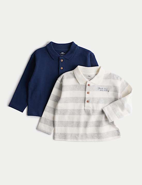 2pk Pure Cotton Long Sleeve Polo Tops (0-3 Yrs)