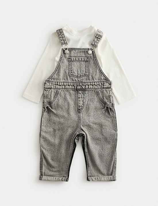 2pc Pure Cotton Denim Washed Dungarees (0-3 Yrs)