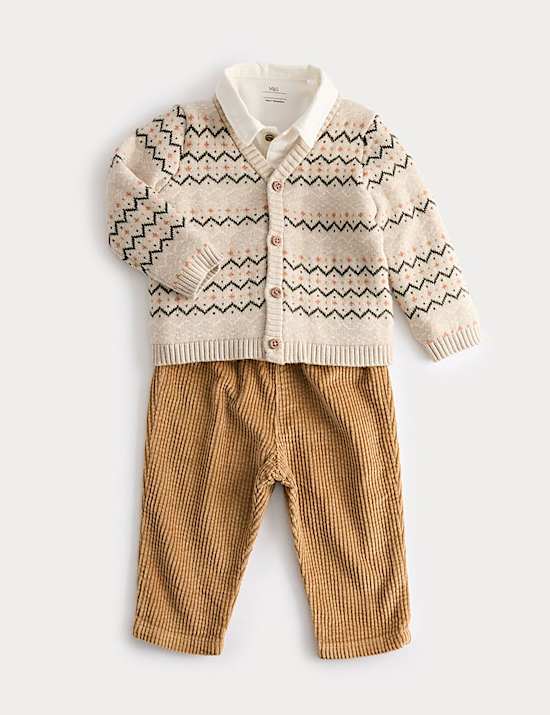 3d&iacute;ln&yacute; pleten&yacute; Fair Isle outfit topu a spodn&iacute;ho d&iacute;lu (0&ndash;3 roky)