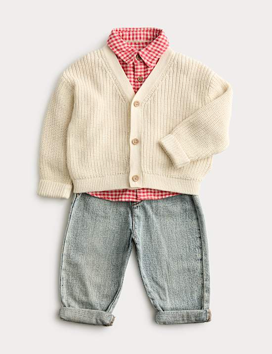 3 Piece Cardigan, Check Shirt & Jeans Outfit (0 Months-3 Years)