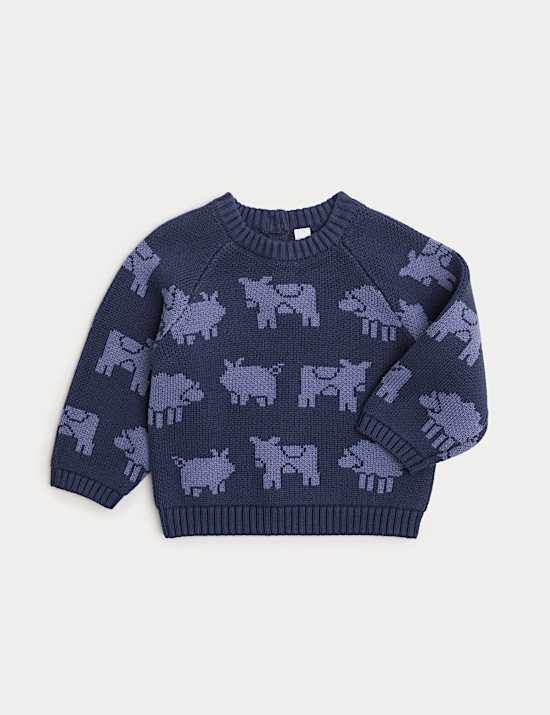Pure Cotton Cow Motif Knitted Jumper (0 Months-3 Years)