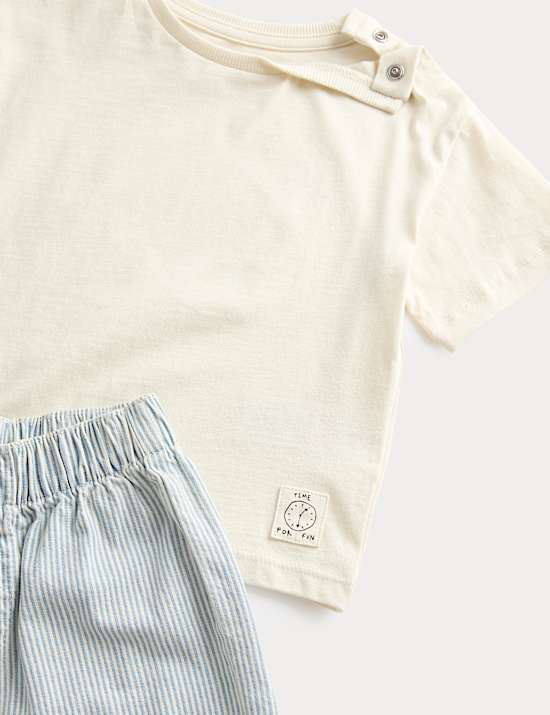 3 Piece Pure Cotton Blue Ticking Striped Outfit (0-3 Years)