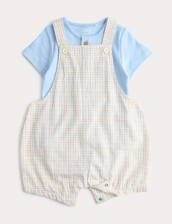 2 Piece Pure Cotton Checked Bibshort Outfit (0-3 Yrs)