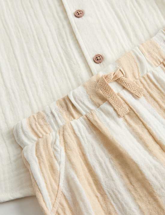 2 Piece Double Cloth Shirt and Striped Shorts Outfit (0-5 Years)