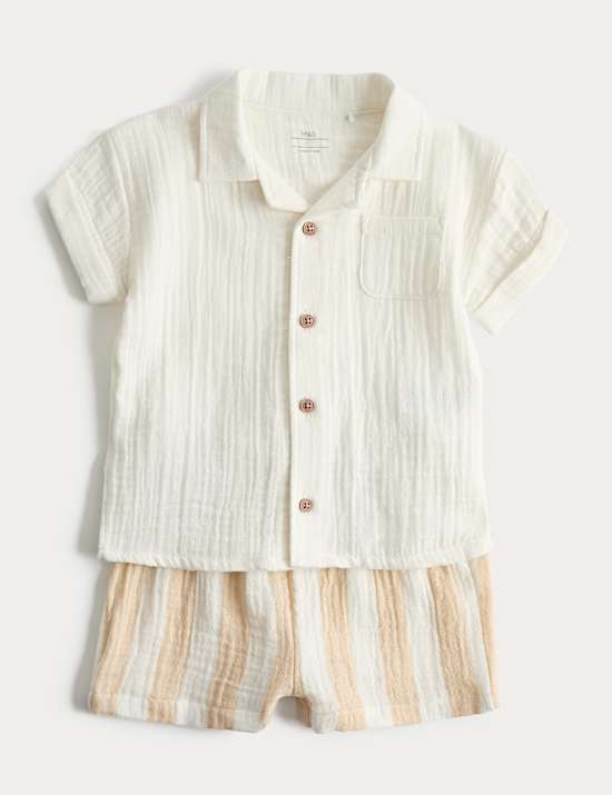 2 Piece Double Cloth Shirt and Striped Shorts Outfit (0-5 Years)