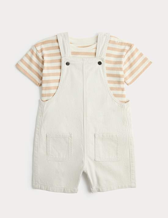 Ecru Denim Dungarees & Striped Tee Outfit (0-3 Years)