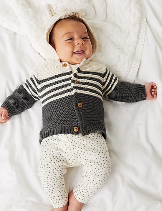 Pure Cotton Knitted Chunky Striped Cardigan (0-3 Yrs)