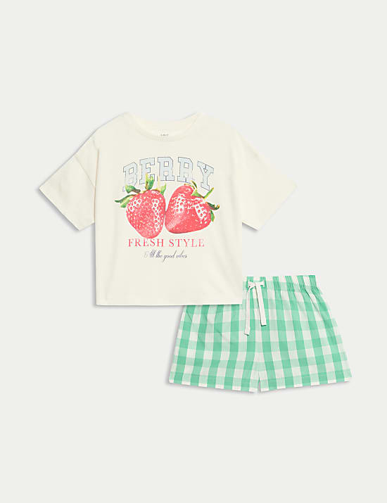 Pure Cotton Strawberry & Checked Pyjamas (3-16 Yrs)