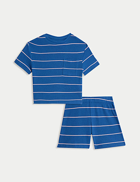 Cotton Blend Striped Waffle Short Pyjamas (1-16 Yrs)