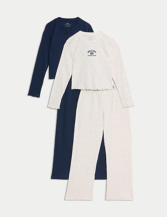 2pk Pure Cotton Floral & Plain Pyjama Sets (6-16 Yrs)