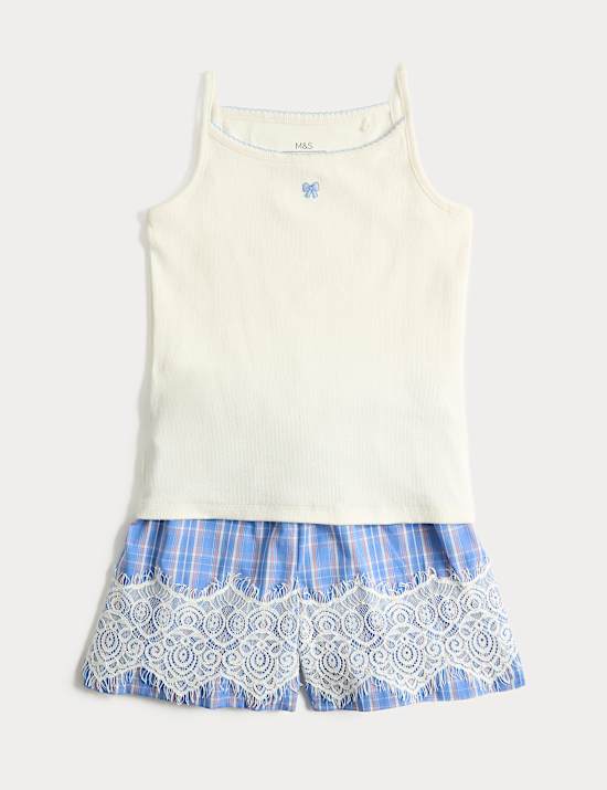 Kids' Cotton Rich Ribbed Lace Short Pyjamas (6-16 Yrs)