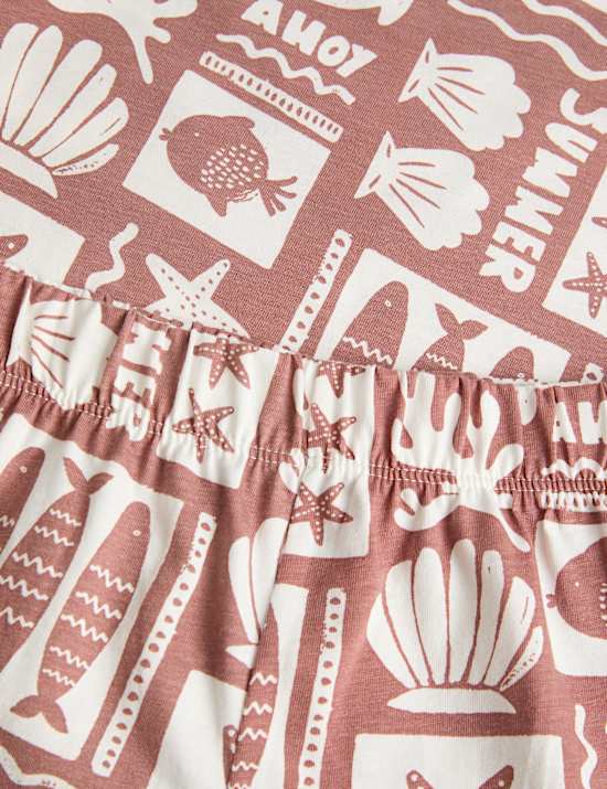 פיג'מות קצרות לילדים עם הדפס גרפי של חיות ים (1&rlm;-8 שנים)