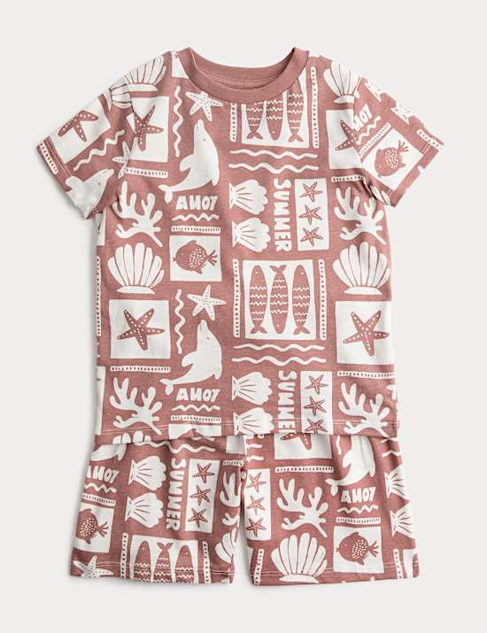 פיג'מות קצרות לילדים עם הדפס גרפי של חיות ים (1&rlm;-8 שנים)