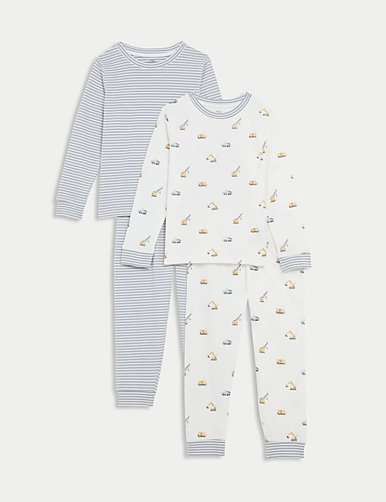Lot de 2&nbsp;pyjamas 100&nbsp;% coton à rayures et motif pelleteuse (du 1&nbsp;au 8&nbsp;ans)