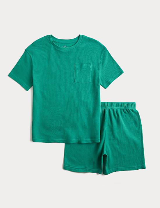 Pyjashort enfant 100 % coton &agrave; motif gaufr&eacute; bleu marine (du 1 au 16 ans)