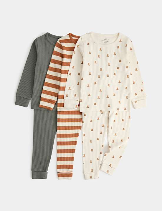 Lot de 3 ensembles pyjamas en coton &agrave; motif graphique ours (du 1 au 8 ans)