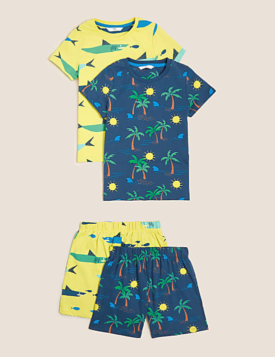 2pk Pure Cotton Shark Short Pyjama Sets (12 Mnths - 7 Yrs)