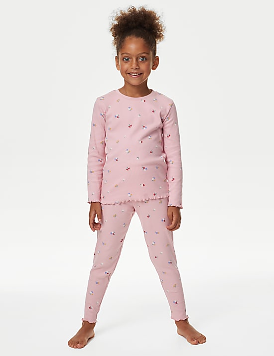 Cotton Rich Floral Ribbed Pyjamas (1-8 Yrs)