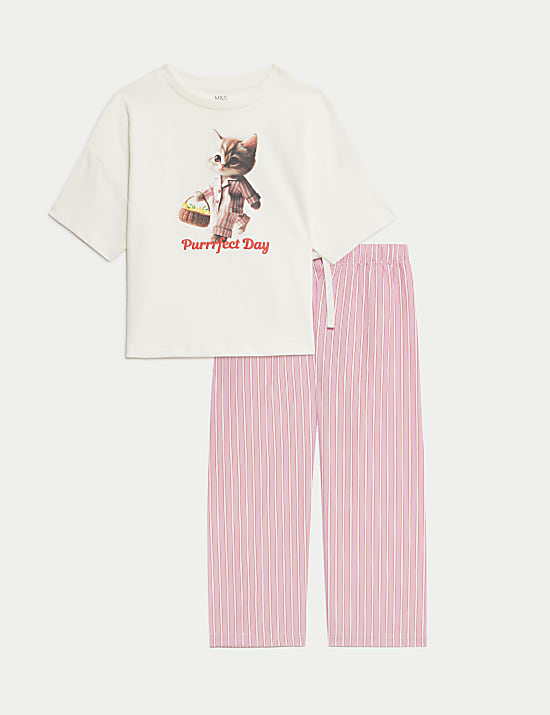 Pure Cotton Cat Striped Pyjamas (1-16 Yrs)
