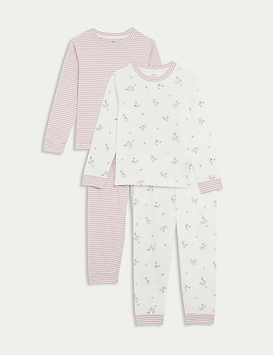 2pk Pure Cotton Floral Striped Pyjama Sets (1-8 Yrs)