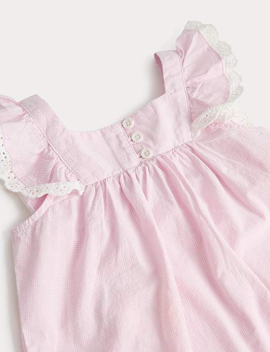 Pure Cotton Gingham Lace Frill Pyjamas (1-8 Yrs)