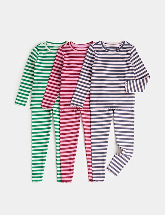 3 Pack Cotton Rich Ribbed Striped Pyjama Sets (1-8 Yrs)