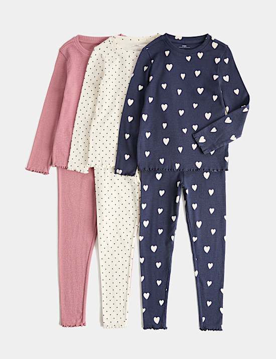 3 Pack Cotton Rich Ribbed Heart Print Pyjama Sets (1-8 Yrs)