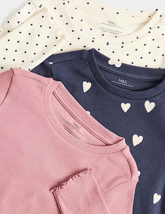 3 Pack Cotton Rich Ribbed Heart Print Pyjama Sets (1-8 Yrs)