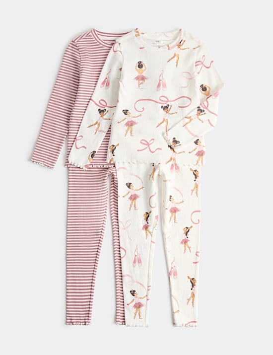 2 Pack Cotton Rich Ribbed Ballerina Pyjama Sets (1-8 Yrs)