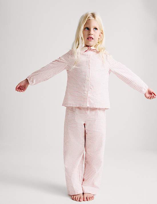 Pure Cotton Frill Collar Checked Pyjama Set (1-8 Yrs)