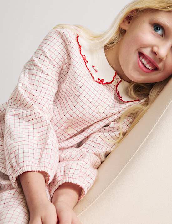 Pure Cotton Frill Collar Checked Pyjama Set (1-8 Yrs)
