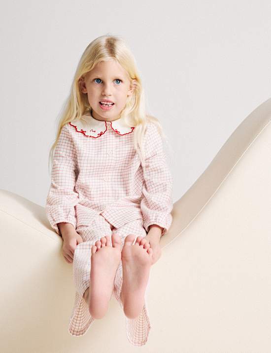 Pure Cotton Frill Collar Checked Pyjama Set (1-8 Yrs)