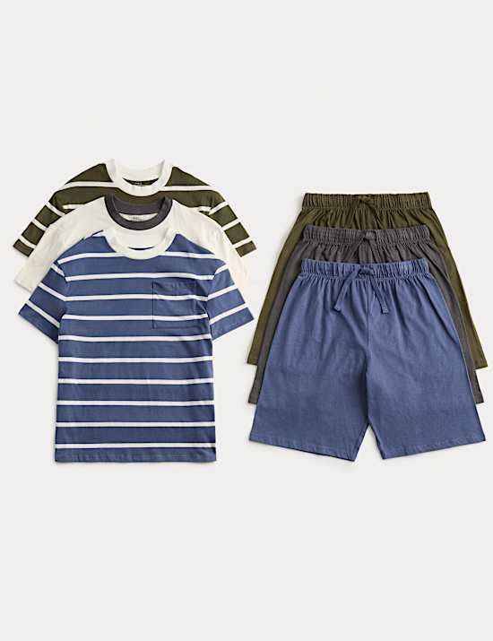 3 Pack Stripe Waffle Shorties Pyjama Sets (3-16 Years)