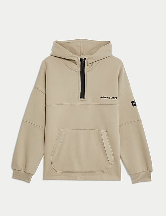 Katoenrijk capuchonvest met rits en opschrift (6-16 jaar)