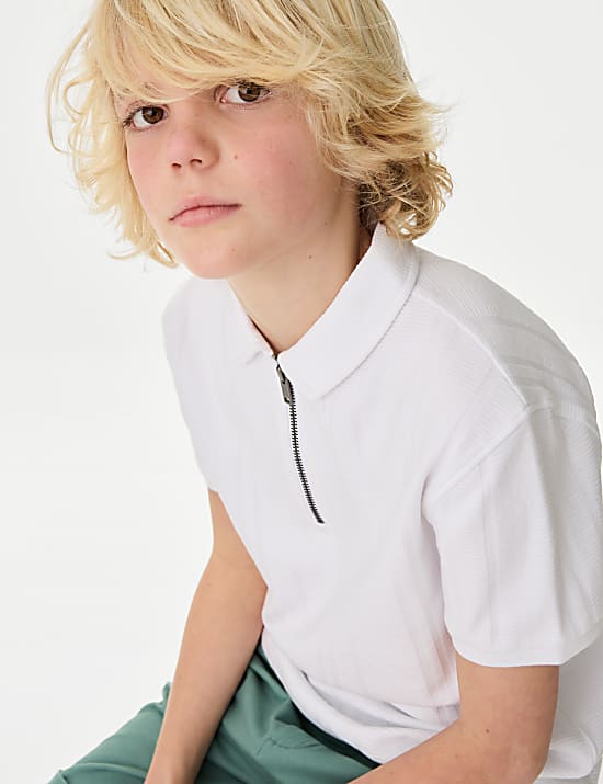 Pure Cotton Textured Zip Polo Shirt (2-16 Yrs)