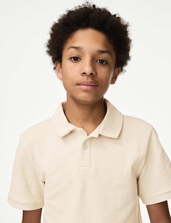 חולצת פולו מבד עשיר בכותנה עם טקסטורה (6-&rlm;16 שנים)