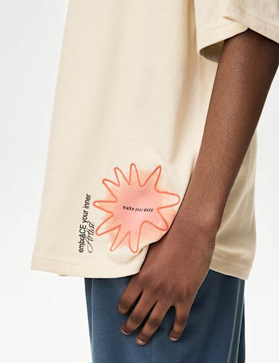 חולצת טי מכותנה טהורה עם הדפס גרפי (2-‏16 שנים)