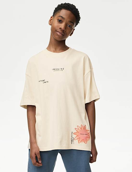 חולצת טי מכותנה טהורה עם הדפס גרפי (2-‏16 שנים)