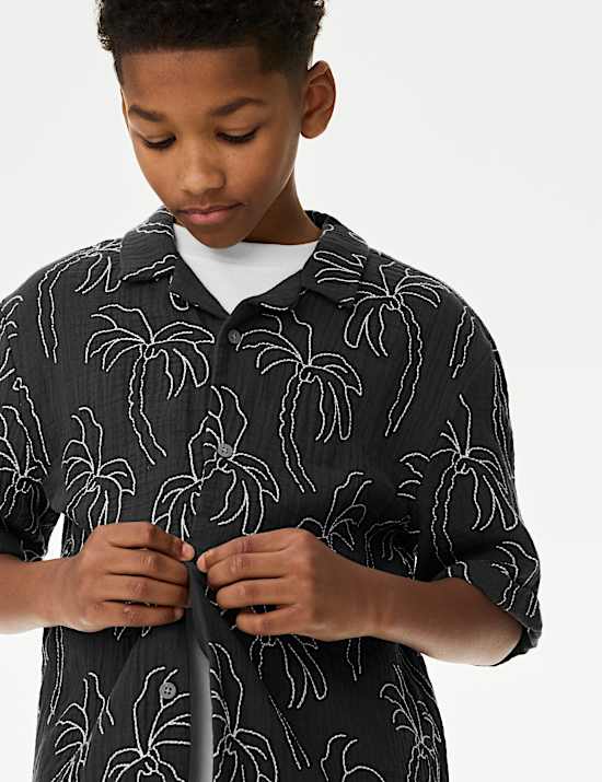 Overhemd van zuiver katoen met palmboommotief en structuur (2-16 jaar)