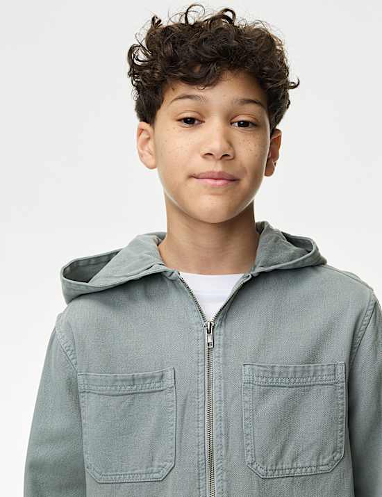 Cotton Blend Hooded Zip Shacket (6-16 Yrs)