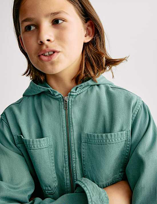 Jaket-Kemeja Campuran Katun Bertudung dengan Ritsleting (6-16 Tahun)