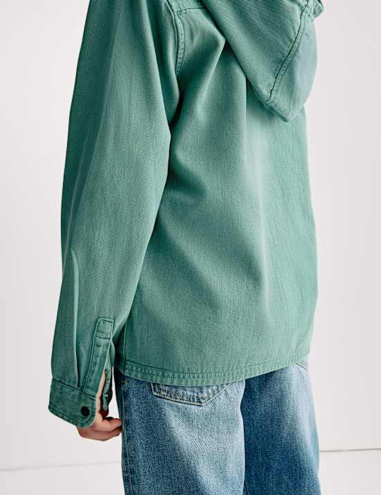 Jaket-Kemeja Campuran Katun Bertudung dengan Ritsleting (6-16 Tahun)