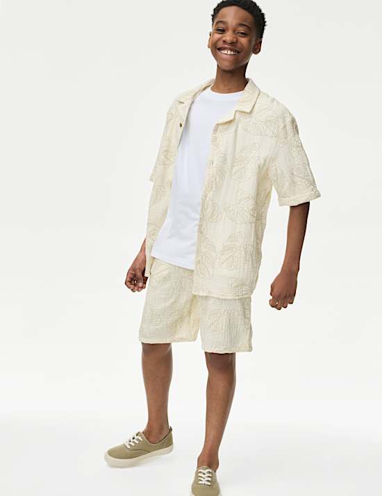 Pure Cotton Textured Palm Tree Shorts (2-16 Yrs)