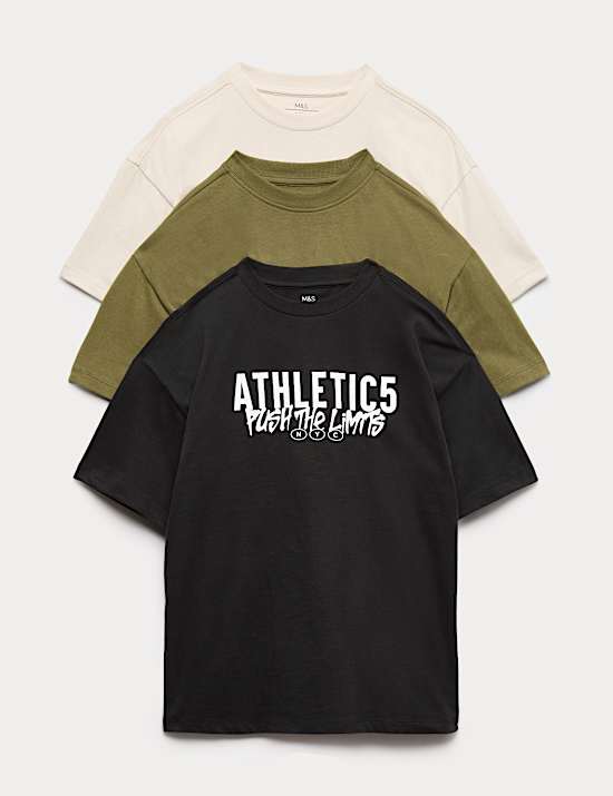 3pk Pure Cotton Athletic Slogan T-Shirts (6-16 Yrs)